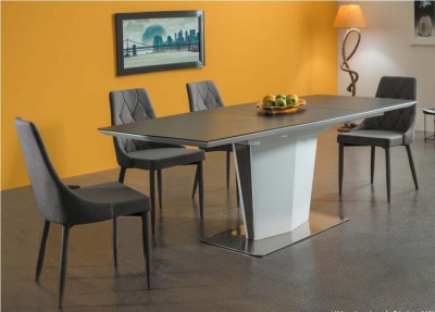 Set masa extensibila din MDF si metal Lawson White / Grey + 4 scaune tapitate Trisha Grey, L160-210xl95xH76 cm