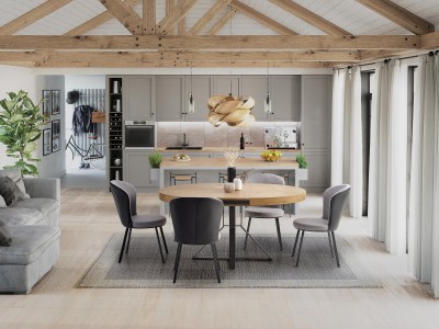 Set masa extensibila din MDF si metal, Merche Stejar Auriu / Negru + 4 Scaune tapitate cu stofa si piele ecologica, cu picioare metalice Kai-447 Gri / Negru, L120-160xl120xH80 cm