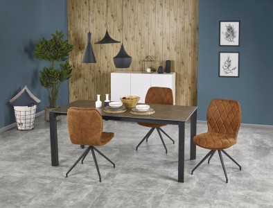Set masa extensibila din metal cu blat din ceramica Horatio Grej / Negru + 4 Scaune tapitate cu piele ecologica si picioare metalice Kai-237 Maro / Negru, L120-180xl85xH76 cm