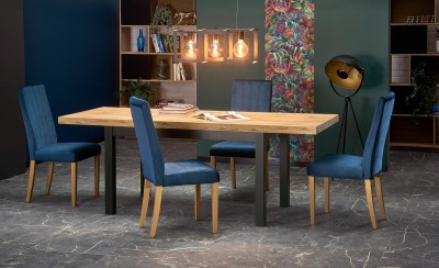 Set masa extensibila din pal si lemn de fag, Tiamera Stejar Craft / Negru + 4 Scaune tapitate cu stofa si picioare din lemn de fag, Dillan III Velvet Bleumarin / Stejar, L140-220xl80xH76 cm