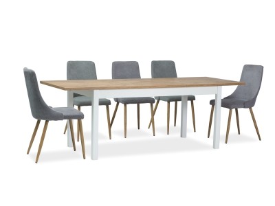 Set masa extensibila din pal si MDF Wenton Stejar Lancelot / Alb + 6 scaune tapitate cu stofa Nodin Gri / Stejar, L140-190xl75xH75 cm