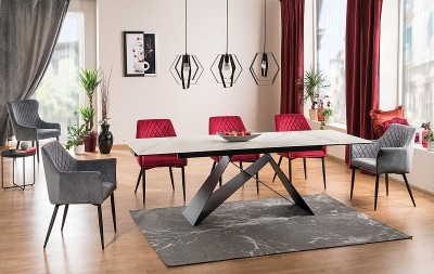 Set masa extensibila din sticla, ceramica si metal Wesley III + 4 scaune tapitate Sergei Velvet Bordeaux + 2 scaune tapitate Sergei Velvet Gri, L160-240xl90xH76 cm