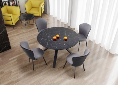 Set masa extensibila din sticla, MDF si metal, Verity Negru + 4 Scaune tapitate cu stofa si piele ecologica, cu picioare metalice Kai-447 Gri / Negru, L130-180xl130xH76 cm