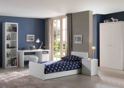 Set Mobila dormitor din lemn de pin si MDF, pentru copii 6 piese Robin Alb, 200 x 90 cm