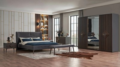 Set Mobila Dormitor din MDF si pal, cu pat 200 x 160 cm, 5 piese Valentin Narrow Velvet Gri / Nuc