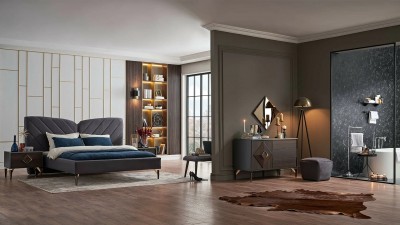 Set Mobila Dormitor din MDF si pal, cu pat 200 x 180 cm, 4 piese Valentin Wide Velvet Gri / Nuc