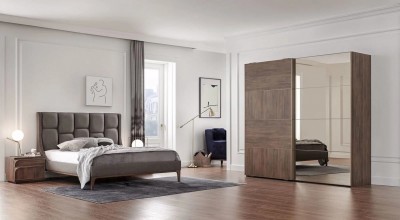 Set Mobila Dormitor din pal, cu pat 200 x 160 cm, 4 piese Gold Nuc