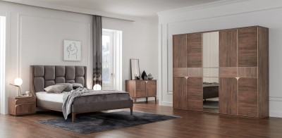 Set Mobila Dormitor din pal, cu pat 200 x 160 cm, 6 piese Gold Nuc