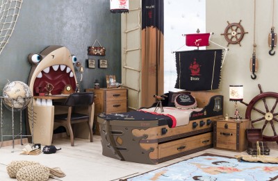 Set Mobila dormitor din pal, pentru copii 5 piese Pirate Brown