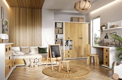 Set Mobila dormitor din pal, pentru copii, 7 piese, Simi Left Natural / Alb, 200 x 90 cm