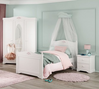 Set Mobila dormitor din pal, pentru copii si tineret, 3 piese, Rustic Alb, 200 x 120 cm