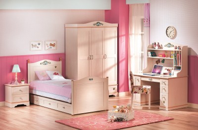 Set Mobila dormitor din pal, pentru copii si tineret, 6 piese, Flora Natur, 200 x 120 cm