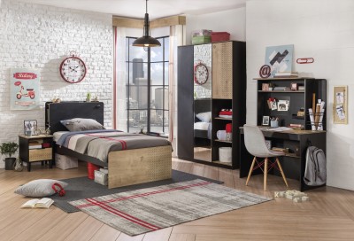 Set Mobila dormitor din pal, pentru tineret 5 piese Blacky Black / Nature