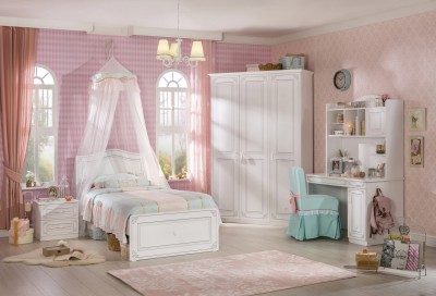 Set Mobila dormitor din pal, pentru tineret 5 piese Selena Alb