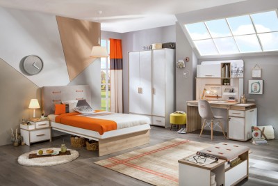 Set Mobila dormitor din pal pentru tineret 6 piese Dynamic White / Natur