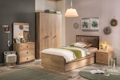 Set Mobila dormitor din pal, pentru tineret 6 piese Mocha Nature