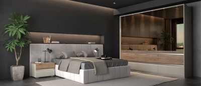 Set Mobila Dormitor din pal si MDF, cu pat 200 x 180 cm, 6 piese, Invictus P66-6OG/IC Gri / Crem / Stejar Tobacco