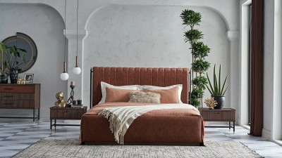 Set Mobila Dormitor din pal si metal, cu pat 200 x 160 cm, 5 piese Matilda Nuc / Caramiziu