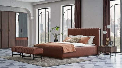 Set Mobila Dormitor din pal si metal, cu pat 200 x 180 cm, 4 piese Matilda Nuc / Caramiziu