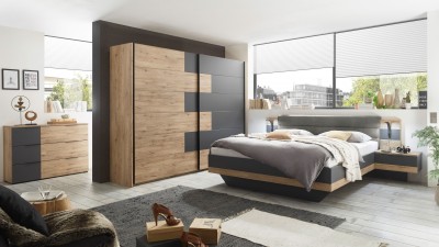 Set Mobila Dormitor din pal si stofa, cu pat 200 x 180 cm, 3 piese Lines Grafit / Stejar