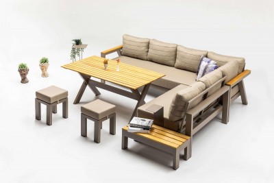 Set mobilier gradina / terasa Daisy Cappuccino, coltar + masa + 2 taburete + masa de cafea