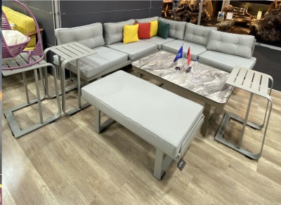 Set mobilier modular pentru gradina / terasa, Troy Gri, coltar 5 locuri + taburet + 1 masa de cafea