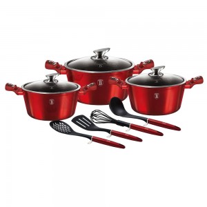 Set oale din aluminiu, invelis antiaderent de marmura cu ustensile incluse, 10 piese, Metallic Line Burgundy