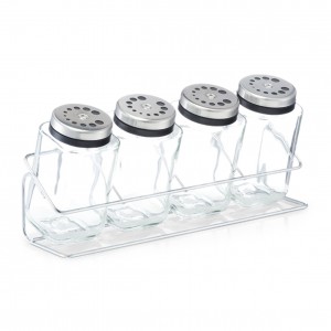 Set recipiente pentru depozitare condimente, sticla si metal cromat, 190 ml, 5 piese