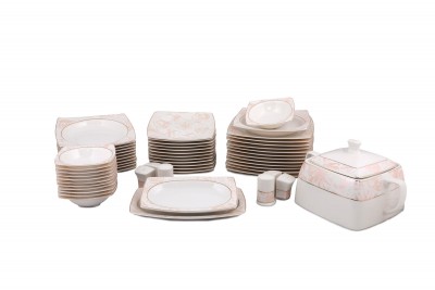 Set vesela din portelan, Danette Dinner Alb / Roz, 61 piese