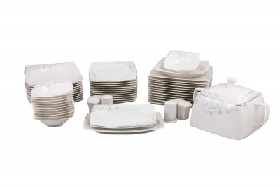 Set vesela din portelan, Dannon Dinner Alb / Argintiu, 61 piese