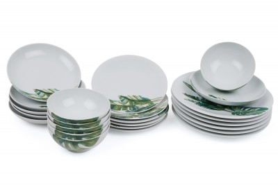 Set vesela din portelan, Palm Alb / Verde, 24 piese