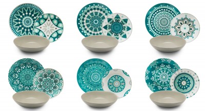 Set vesela din portelan si ceramica, 18 piese, Mandala Dinner Turcoaz / Gri