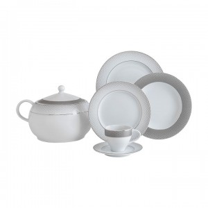 Set vesela din portelan, Zandra Dinner Alb / Argintiu, 84 piese