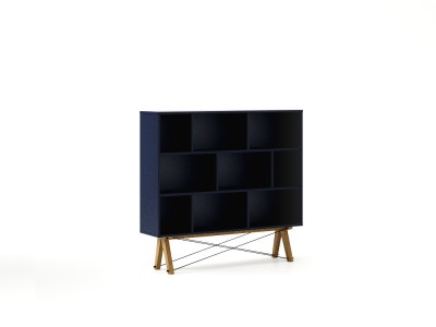 Biblioteca din lemn si pal Low Dark Navy / Oak, l140xA35xH130 cm