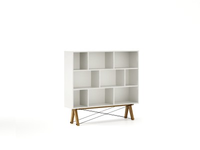 Biblioteca din lemn si pal Low White / Oak, l140xA35xH130 cm