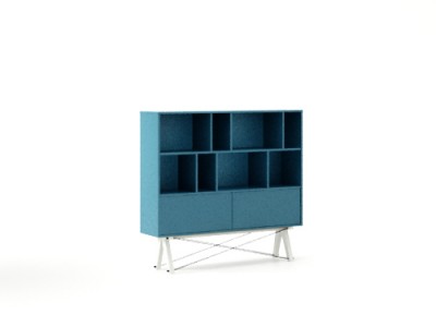 Biblioteca din lemn si pal Low Pocket Oceanic Blue / White, l140xA35xH130 cm