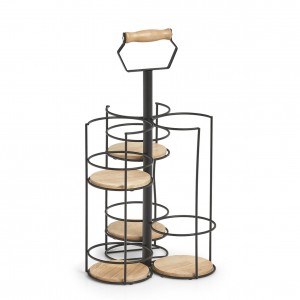 Suport cu maner pentru sticla si 4 pahare, din lemn si metal, Rack Negru, l22,5xA22,5xH42 cm