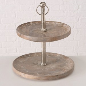 Suport decorativ din lemn de mango si metal, pe 2 nivele Mandala Natural, Ø35xH40 cm