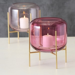 Suport din metal si sticla, pentru lumanare Leona Auriu / Roz, Modele Asortate, Ø19xH22 cm