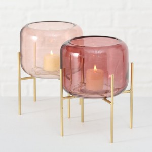 Suport din metal si sticla, pentru lumanare Leona Small Auriu / Roz, Modele Asortate, Ø17xH19 cm