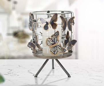 Suport lumanare din sticla si metal, Farfalle Multicolor, Ø15xH23,3 cm