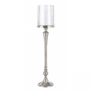Suport lumanare din sticla si aluminiu KaranTransparent / Nichel, Ø20xH99 cm