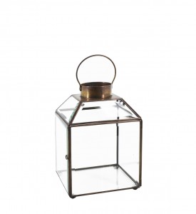 Felinar decorativ din sticla si metal, Square Bezel Large Transparent / Alama, L17xl17xH25 cm