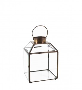 Felinar decorativ din sticla si metal, Square Bezel Medium Transparent / Alama, L15xl15xH20 cm