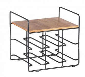 Suport metalic pentru 6 sticle, cu etajera din bambus, Loft Negru, l30xA24xH27,5 cm