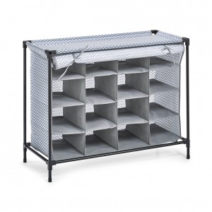 Suport textil pentru incaltaminte, 16 compartimente, Alb / Gri Zig Zag, l84xA35xH66 cm