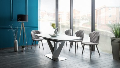 Set masa extensibila din sticla si MDF Velda White + 4 scaune tapitate Lauriel Grey, L160-220xl90xH76 cm