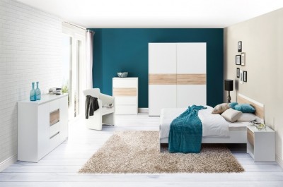 Set Mobila Dormitor pal, cu pat 200 x 160 cm, cu  6 piese Venetia Alb / Stejar Sonoma