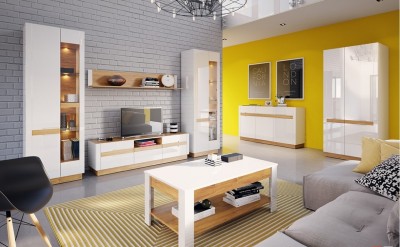 Set de mobila living din MDF si pal, 7 piese Visio White / Oak