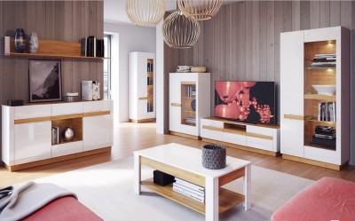 Set de mobila living din MDF si pal, 7 piese Visio II White / Oak